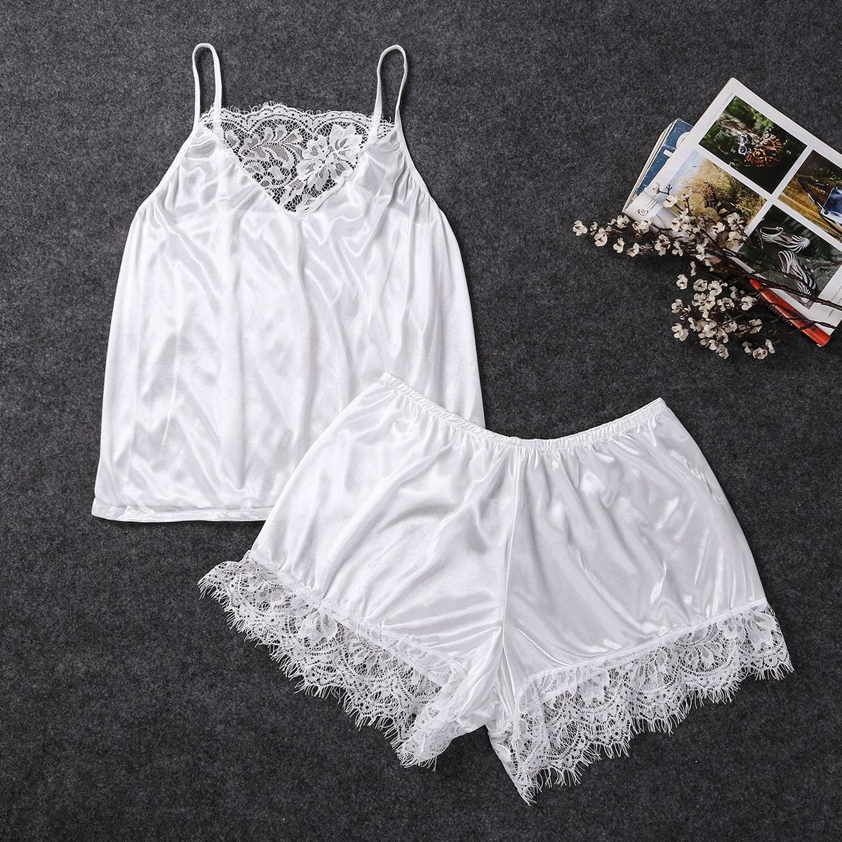 Women Sleepwear Satin Sexy  Lace Pajamas Set Female Elegant Sleeveless Top and Shorts Night Suit Pj Set Underwear