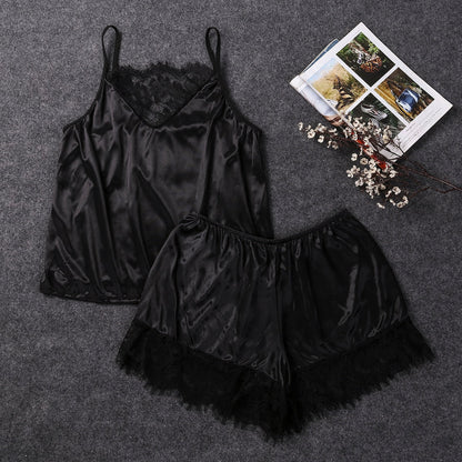 Women Sleepwear Satin Sexy  Lace Pajamas Set Female Elegant Sleeveless Top and Shorts Night Suit Pj Set Underwear