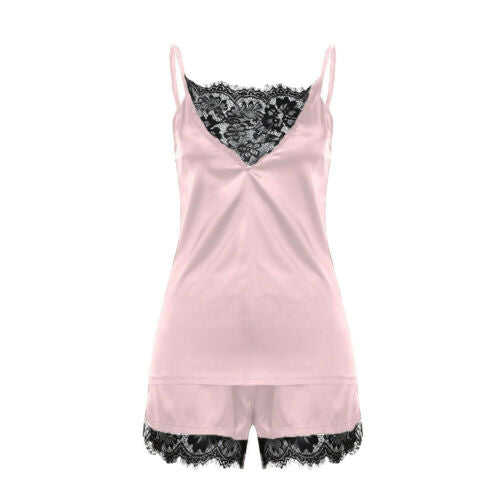 Women Sleepwear Satin Sexy  Lace Pajamas Set Female Elegant Sleeveless Top and Shorts Night Suit Pj Set Underwear