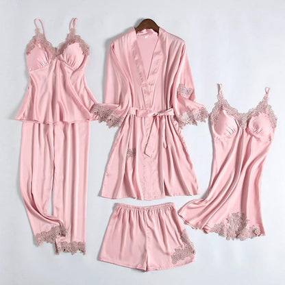 Wedding Robe Suit Women Summer Satin Kimono Bath Gown Sexy Lace Sleepwear Bride Bridesmaid Bathorobe Lingerie Loose Pajamas